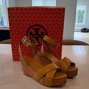 Tory Burch Mustard Yellow Leather Ankle-Strap Wedge Sandals